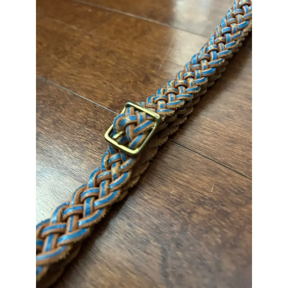 Skinny Braided Brown Leather Belt with Blue Trim, Size M/L